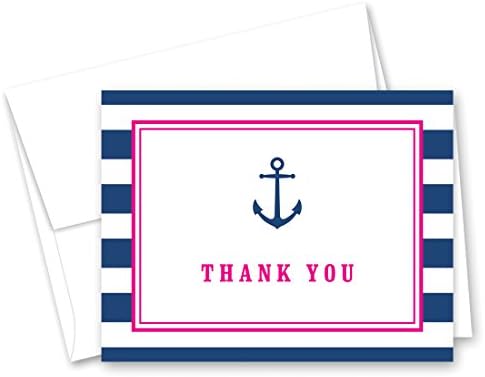 50 Cnt Navy Stripes Pink Border Anchor Nautical Baby Shower Thank You Cards by Unknown