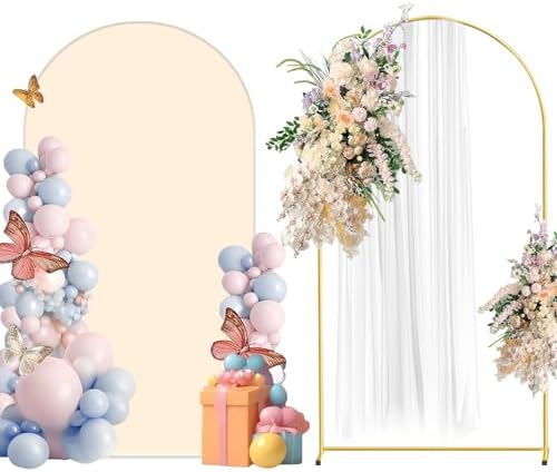 Metal Arch Backdrop Stand and Cover Set, 7.2FT Beige Reusable Spandex Fitted Backdrop Cover and Gold Wedding Arch Frame for Baby Shower, Birthday, Parties Decoration. by CHUNQIANGCAIDESIGN
