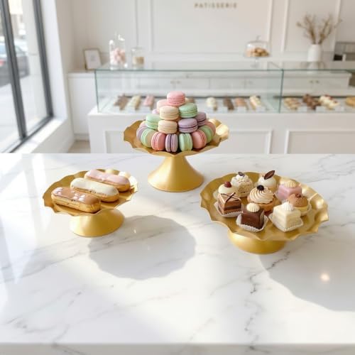 3 Pcs Gold Metal Cupcake Stand Scalloped Edge Dessert Display Tray - Image 5