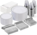 GATHER 350PCS Silver Plastic Plates Set for 50 Guests Wedding Party by Gather