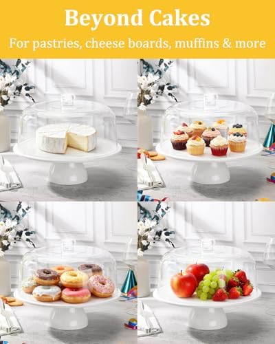 12 Inch Porcelain Cake Stand with Acrylic Dome Lid, White Pedestal - Image 5