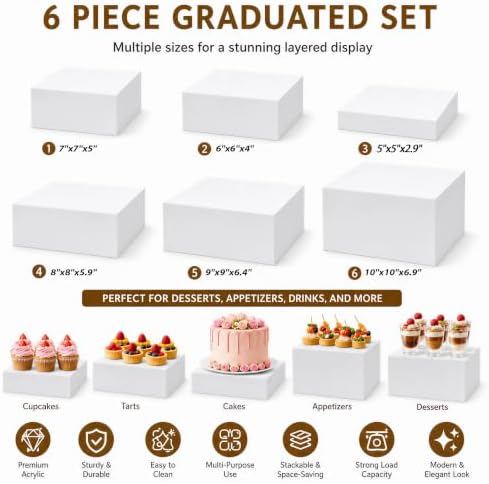 Buffet Risers and Stands Set of 6, White Acrylic Dessert Table Display Risers Set for Cakes, Cupcakes, desserts and Party Food, Stackable food display risers for party Weddings and Retail Displays - Image 3