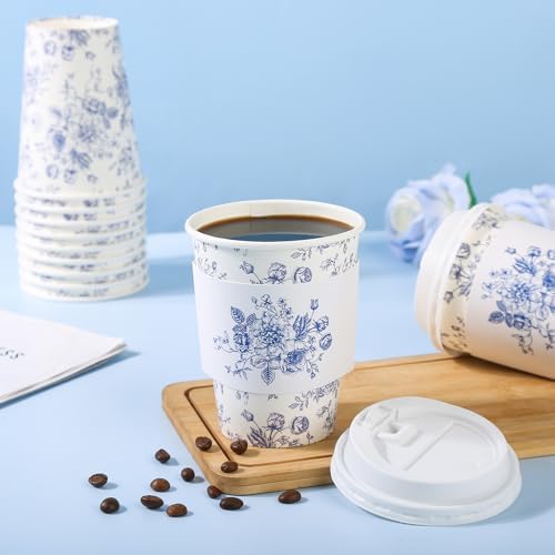 50Pcs Blue Floral Disposable Paper Coffee Cups with Lids and Sleeves - Image 5