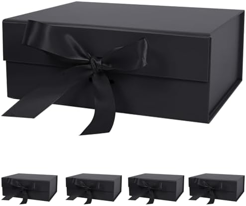 Aimyoo 5 Pack Large Black Gift Box with Ribbon, 11.5x8.6x4.1 inch Groomsman Proposal Box for Presents with Magnetic Closure Lids, Rectangle Collapsible Luxury Box for Wedding, Christmas, Birthday by Aimyoo
