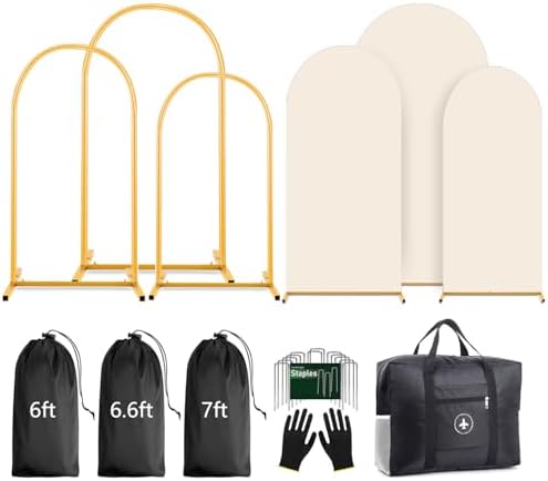 Arch Backdrop Stand and Cover Set 7.2ft,6.6ft,6ft Metal Arch Frame Stand Gold with Beige Cover for Wedding Birthday Party Baby Shower with Storage Bag(Beige, 7.2FT+6.6FT+6FT) by Lrrtwer