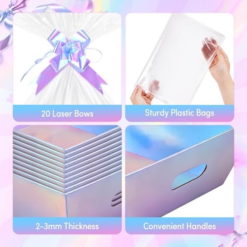 AFOROEOA 20 Pack Iridescent Gift Baskets Empty, 10x8 Thick Paper Basket with 20 Clear Bags and 20 Pull Bows, Holographic Gift Baskets for Bridal Birthday Party Bulk Wrapping - Image 4