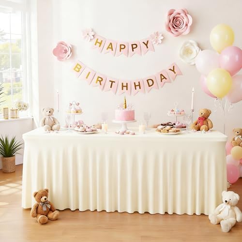 2 Packs Ivory Spandex Tableclothes for 6 Foot Rectangle Tables, Wrinkle Free 6ft Fitted Table Cover Stretch Table Cloth Desk Skirt for Weddings Baby Shower Birthday Party Banquet Decorations - Image 2