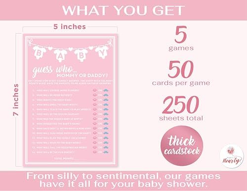 Party Hearty Baby Shower 5 Game Pack, Premium Thick Cardstock - Pink - Image 2
