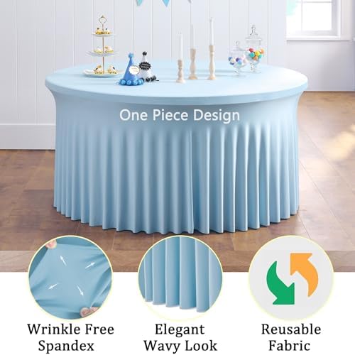 6 Pack Spandex Baby Blue Round Tablecloths for 60in Table, Stretchy 120inch Fitted 5ft Table Cloths, Wrinkle Free Round Tablecovers Skirt for Wedding Birthday Parties Baby Shower Banquet - Image 3