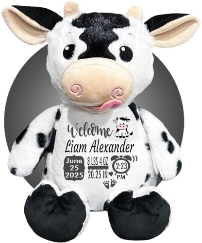 Birth Stat Stuffed Animal - 17" Birth Announcement Stuffed Animals - Personalized Baby Gifts - Baby Shower Keepsake - Birth Information Plush - Removable Cover (Cute Cow) by Kikilishop
