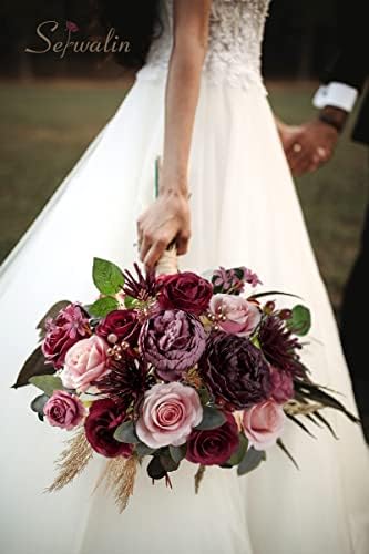 Serwalin Burgundy Purple Artificial Flowers, Silk Rose Flowers for Wedding - Image 3