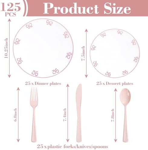 125PCS Pink Bow Plastic Plates - White and Pink Rim Disposable Plates - 50 Elegant Plates with Bow knot Patterns, 25 Forks, 25 Spoons, 25 Knives for Birthday Baby Shower Wedding Party - Image 2
