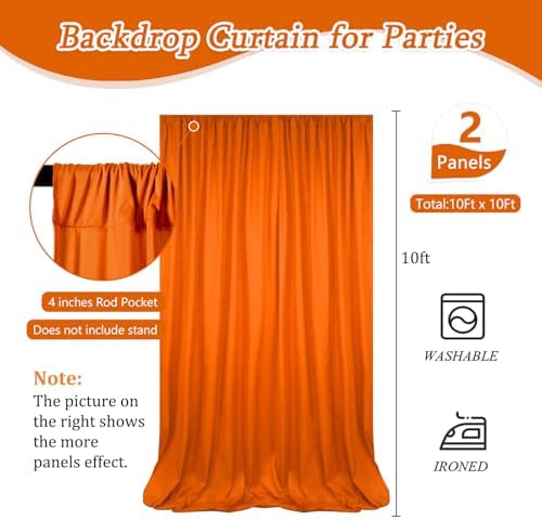 10 x 10 Feet Orange Backdrop Curtain for Partie, Background Curtains for Photoshoot, Birthday, Wedding, Halloween, Thanksgiving, Christmas Day, New Year Party Decorations 5Ft x 10Ft, 2 Panels - Image 2