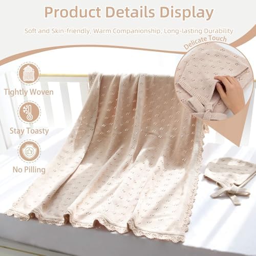 LifeTree Knit Baby Blanket & Hat, 100% Cotton Soft Swaddle & Receiving Blanket for Toddler, Lightweight & Breathable Newborn Blanket Unisex for Crib, Stroller, 31X40 Inches, Shower Registry Gift,Khaki - Image 5