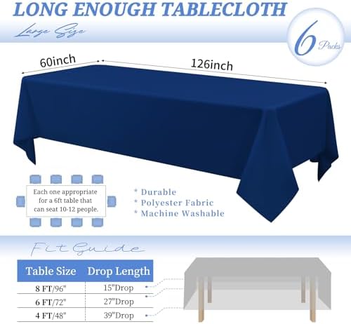 6 Pack Tablecloth 60 x126 inch Polyester Table Cloth for 8 Foot Rectangle Tables,Stain and Wrinkle Resistant Washable Fabric Table Covers Polyester Navy Blue Table Clothes for Wedding,Party,Banquet - Image 2