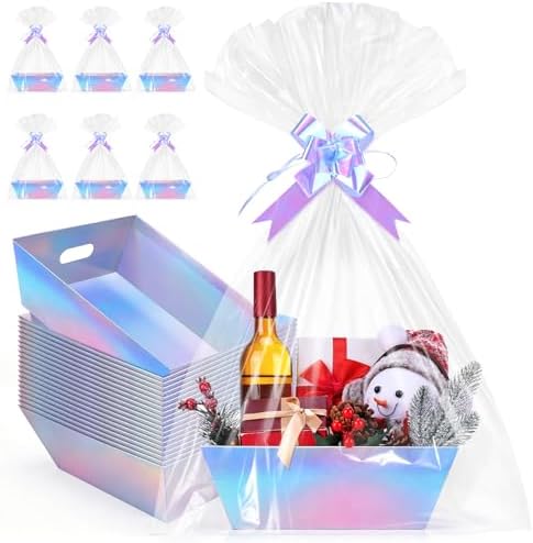 AFOROEOA 20PACK Laser Baskets For Gifts Empty, 12x10x4” Holographic Iridescent Gift Basket Kit with 20 Bows & 20 Bags - Bulk Empty Gift Baskets to Fill for Large Weddings, Parties by AFOROEOA