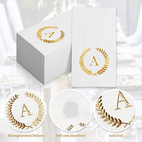200 Pack Monogrammed Disposable Napkins Gold Foil Letter A Guest Napkins Initial Disposable Hand Paper Towels for Wedding Engagement Baby Shower Party Home Kitchen Bathroom Dinner Decorative Towels - Image 4