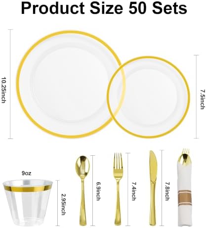 BESTSTAR 350PCS Clear and Gold Disposable Plastic Plates Set for 50 Guests - Image 3