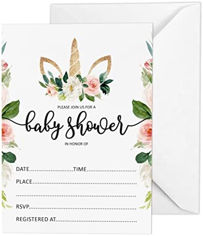 Pack of 30, Girl Baby Shower Party Collection, Baby Shower Invitation Cards, Fill in the Blank Invites WIth Envelopes, Unicorn Theme Party Supplies by Inkdotpot