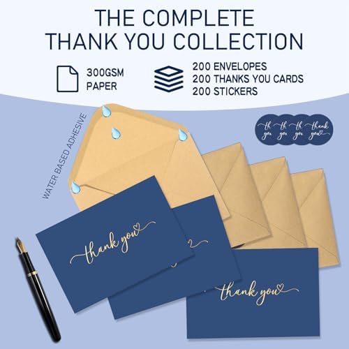 200 Pack Thank You Cards with Envelopes & Stickers Navy Blue - Image 3
