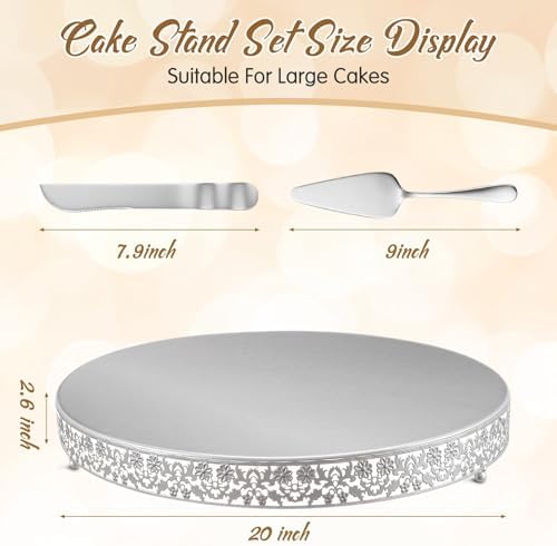 Wenqik 20 Inch Silver Cake Stand Set Metal Round Cupcake Dessert Stand with Cake Cutting, Flower Spatula Wedding Cupcake Pastry Display Candy Holder Display for Wedding Party Birthday Baby Shower - Image 2