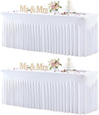 White Table Cloth for 8 Foot Rectangle Tables Fitted Stretch Spandex Table Cover with Skirt 8ft Baby Shower Birthday Party Banquet Ruffle Tablecloth Wedding Table Cloths Desk Skirt, 2 Pack by LittleFunny