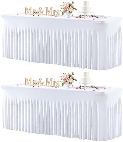 White Table Cloth for 8 Foot Rectangle Tables Fitted Stretch Spandex Table Cover with Skirt 8ft Baby Shower Birthday Party Banquet Ruffle Tablecloth Wedding Table Cloths Desk Skirt, 2 Pack by LittleFunny