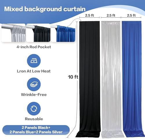 gogoparti 15x10ft Black Blue and Metallic Silver Backdrop Curtains, Wrinkle Free 6 Panels 2.5x10ft Polyester Drapery Panels for Wedding Birthday Party Decoration Supplies - Image 6