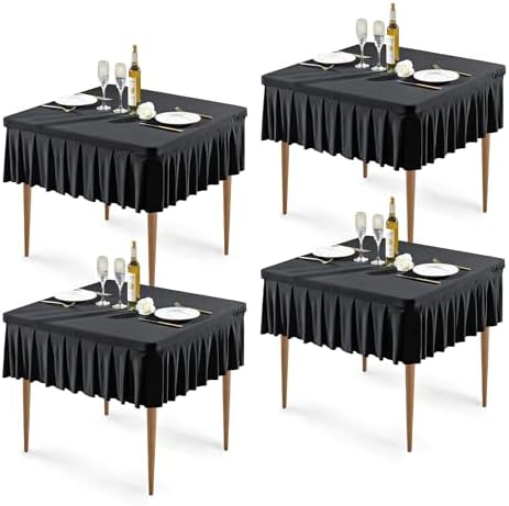 Wish Care 4 Pack Black Spandex Tablecloths for 34x34 Inch Square Tables, Stretch Fitted Table Clothes with Pleated Ruffle Skirt for 34” Table, Wrinkle Free and Elastic, for Party Kitchen Home Dining by WishCare