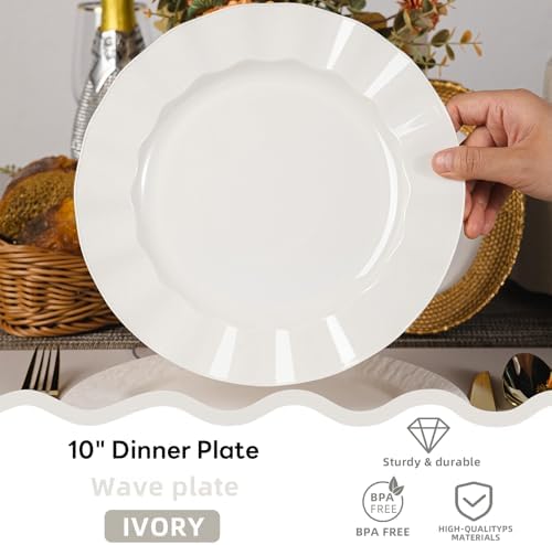 72 Pack Ivory Plastic Plates, 10" Disposable Wave Edge Dinner Plates - Image 2