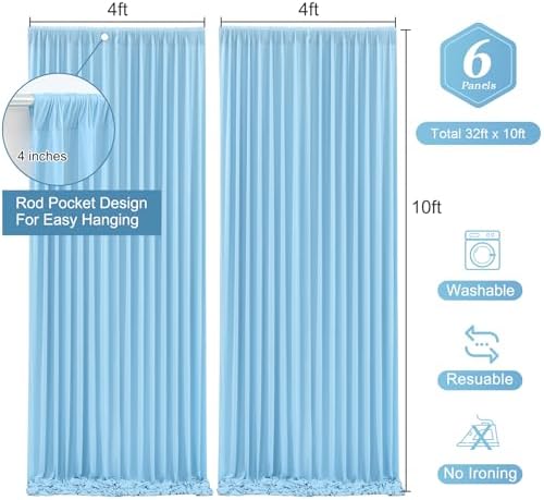 Blue Backdrop Curtains 6 Panels - Wrinkle-Free Light Blue Curtains Polyester Photography Drapes Photo Background for Baby Shower Birthday Party Decorations- 24 X10FT (Blue) - Image 3