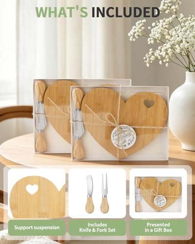 4 Set Heart Cheese Board Bridal Baby Shower Favor with Knife Fork, Thank You Gift Box, Mini Charcuterie Board, Bridal Shower Prizes, Wedding Favors, Baby Shower Game Winners, Valentines, Housewarming - Image 3