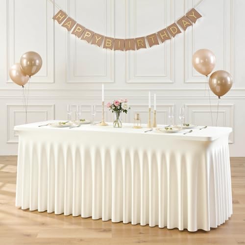 8ft Ivory Spandex Table Cloths for Rectangle Tables Wrinkle Free Ivory Rectangle Tablecloths, Stretch Fitted Table Cover with Skirt for Wedding Birthday Party Banquet Baby Shower Buffet Event - Image 2