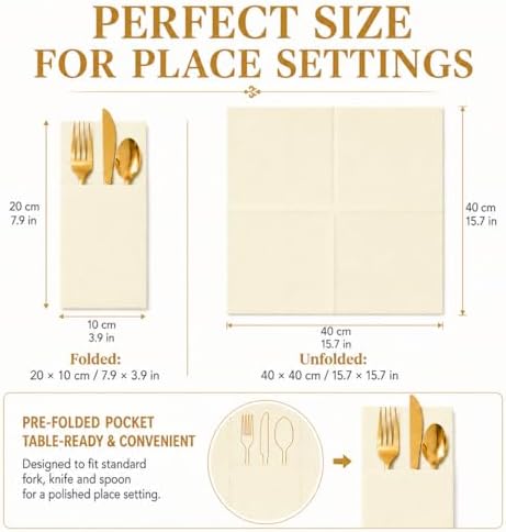 100 Pcs Beige Napkins Disposable Linen Feel Dinner Paper Napkins with Built-in Flatware Pocket, 16"x16" Airlaid Paper Pre-Folded Napkins for Silverware Baby Shower Easter Wedding Birthday Party - Image 3
