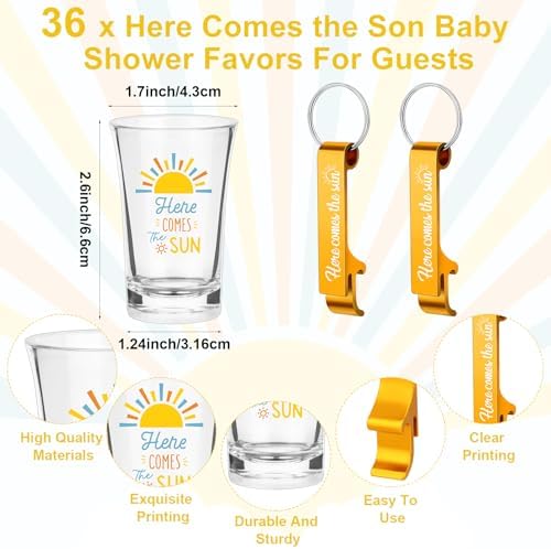 36 Set Here Comes The Son Acrylic Shot Glasses Plastic Baby Shower Favors Shot Glasses with Bottle Opener Keychain Thank You Cards Bags for Gender Reveal Guests New Born Party Return Gift - Image 2