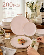 PULOTE 200Pieces Pink Plastic Plates - Premium Hard Pink and Gold Disposable - Include 100PCS 10 inch Dinner & 100PCS 7 inch Dessert Plates, Ideal for Wedding, Party & Mother's Day - Image 2