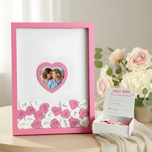 Wedding Guest Book Alternative for Reception with Hearts Guest Book Wedding Reception a Frame Sign Decor Books Recuerdos para Boda Baby Scrapbook Wooden Frames (Pink) - Image 2