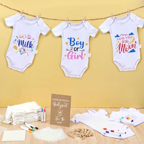 Panitay 126 Pcs Baby Shower DIY Bodysuit Set Bib 25 Blank White Newborn Bodysuit 25 Stencils 24 Marker 1 Sign 50 Pins(Kraft) - Image 3
