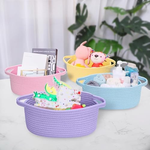 5 Pack Small Woven Cotton Rope Storage Basket with Gifts Bag and Ribbons, Natural Decorative Organizer Bin with Handles for Nursery, Living Room, Closet, Shelf, White Twisted Handle - Image 7