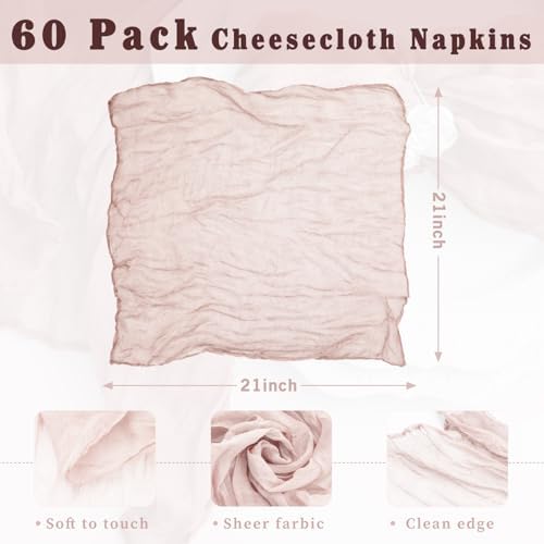 60 Pack Dusty Pink Cloth Napkins 21x21 Inches Dusty Pink Cheesecloth Napkins Set of 60 Washable Dinner Table Napkins for Wedding Bridal Baby Shower Party Rustic Boho Cotton Gauze Party Table Decor - Image 3