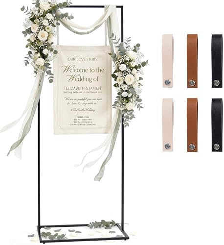 Wedding Welcome Sign Stand, 79" Extra-Tall Height - Black Metal Sign Holder with 6 Leather Straps, Easel Stand for Seating Charts & Event Décor by WEDORA