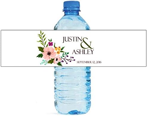 100 Flower Floral Background Wedding Water Bottle Labels Engagement Party 8"x2" by DesignThatSign