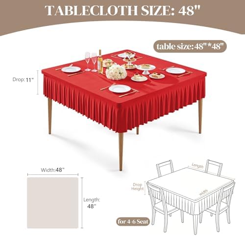 Wish Care Red Spandex Tablecloths for 48x48 Inch Square Tables, Stretch Fitted Table Clothes with Pleated Ruffle Skirt for 48” Table, Wrinkle Free and Elastic, for Party Kitchen Home Dining - Image 2