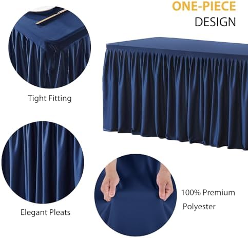 Navy Blue Polyester Table Skirt for Rectangle Tables 6ft, Wrinkle Free Pleated Ruffle Fitted Table Cover 6ft Stretch Tablecloths with Skirt for Parties Weddings Birthday Banquet Baby Shower - Image 2