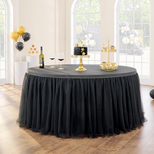 108in Black Tulle Table Skirts for Rectangle Tables 4/6/8ft, 2-Layer Gold Grim Ruffle Tulle Tutu Cloth Table Skirt 9ft Long Decor Birthday Party Wedding Graduation Cake Dessert(No Table Cover) - Image 2