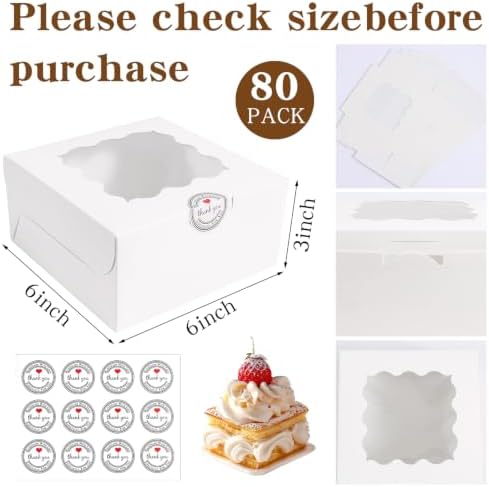 80 Pack White 6x6x3 Bakery Boxes with Window, for Treats and Pastries - Image 2