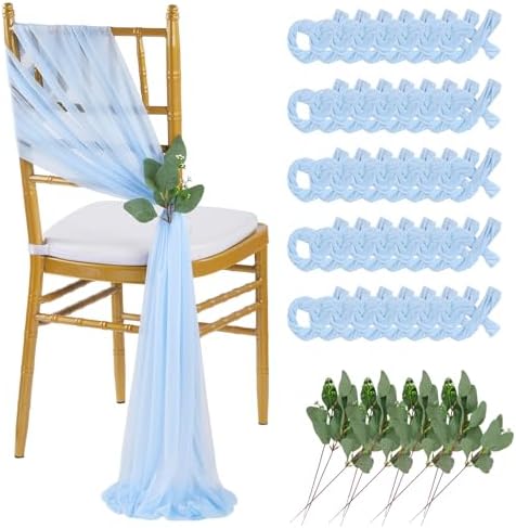 QueenDream Light Blue Sashes Wedding Chair Decorations: 50PCS Tulle Chair Cover Bands Aisle Sheer Bows for Birthday Party Banquet by QueenDream