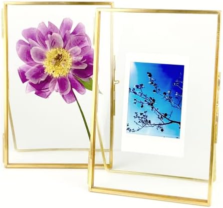 Beedecor Double Glass Frame for Pressed Flowers, Polaroid photos and Artwork,Gold 4x6 Standing Metal Picture Frames, Home Decor Photo Display, Set of 2 Pressed Flower Frames with Stand by Beedecor