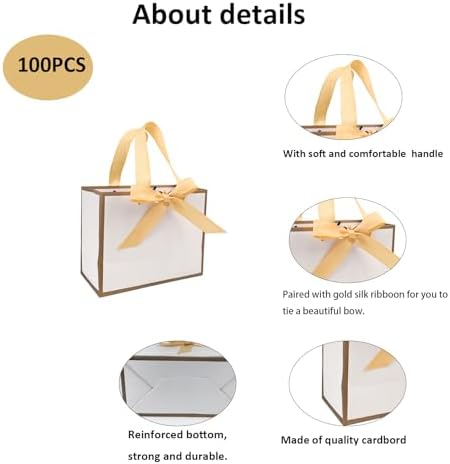 TKSBAG 100 Pack White and Gold Gift Bags with Bow Handles, 6.4×3.1×5.1 In Small Thank You Bags Bulk for Birthday, Weddings, Party Favors, Fathers' Day - Image 2