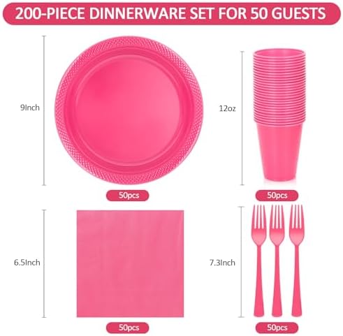 200pcs Hot Pink Plastic Party Plates Set, Disposable Pink Plates and Napkins for Party, 50 of Each 9" Dinner Plate, Napkins, Cups & Cutlery Plastic Party Supplies for Birthday, Baby Shower, Wedding - Image 2